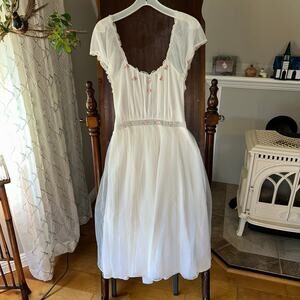 Vintage Laros Sheer Organdy Dress Gown pink embroidered flowers puff sleeve